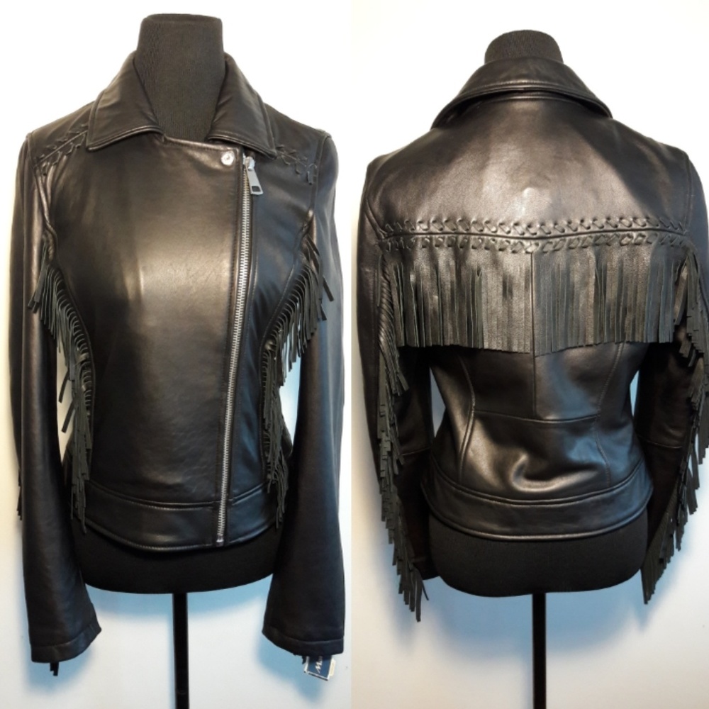 🌟SOLD🌟Amaryllis Black Leather Fringe Jacket - Picture 1 of 7